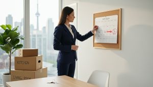 Realtor changing a calendar date with keys and moving boxes, Toronto skyline in background
