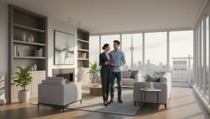 Real estate agent showing a staged living room to buyers with tablet, For Sale sign visible