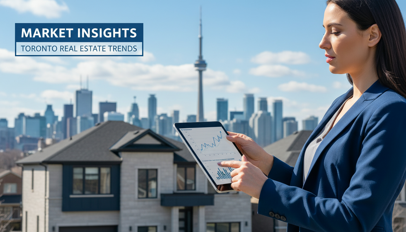 Real estate agent reviewing market chart with Toronto skyline and house