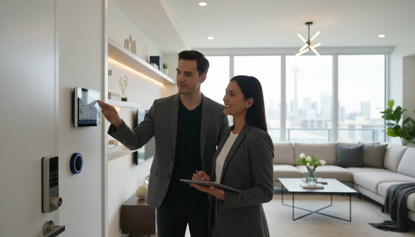 Realtor showing a modern smart home with smart thermostat, smart lock, and smart lighting to interested buyers.