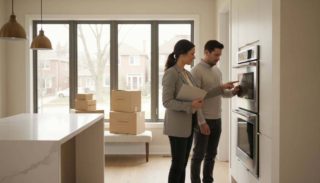 Realtor conducting final walkthrough in a modern home while buyer checks appliances and moving boxes are stacked