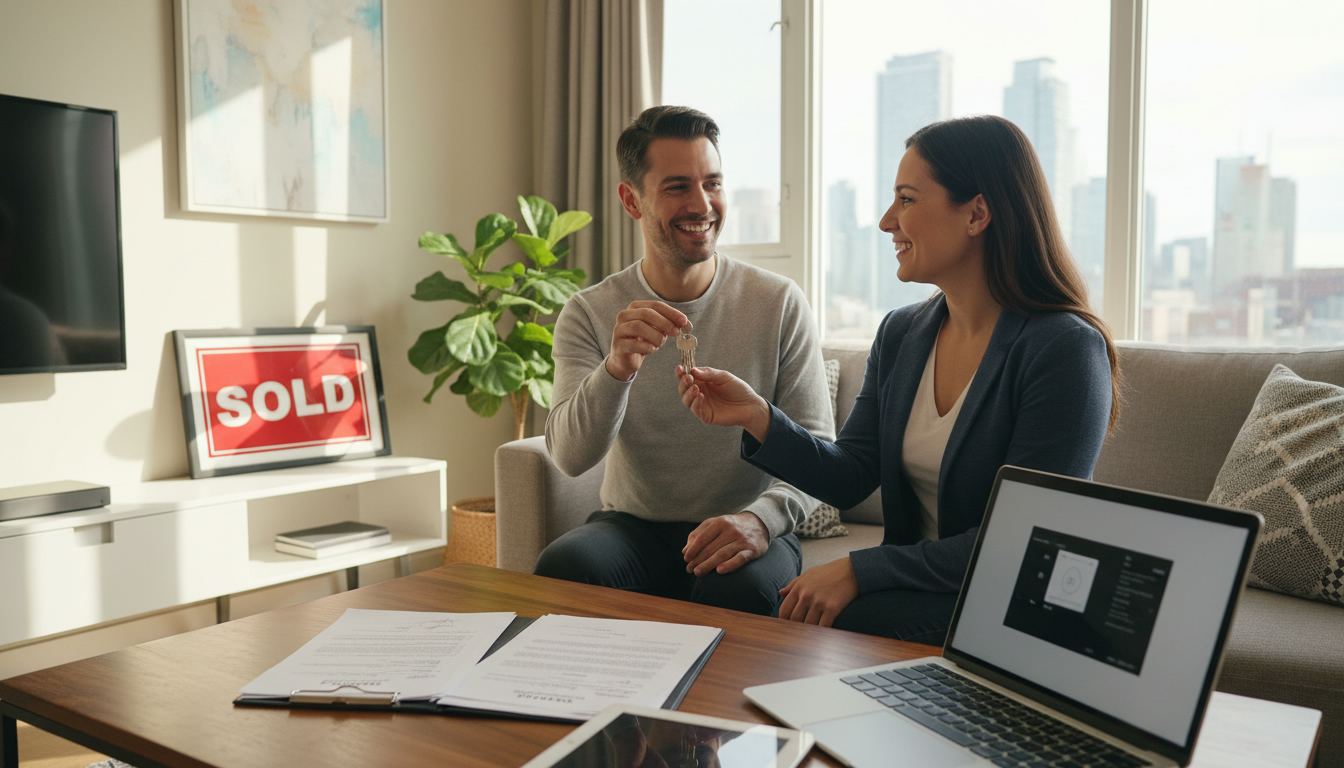 Real estate agent handing keys to buyers during closing with closing documents on table