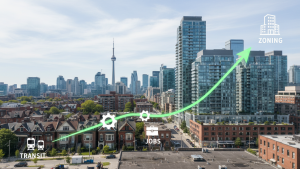 Toronto neighborhood with houses, mid-rise condos and an upward growth chart overlay illustrating appreciation