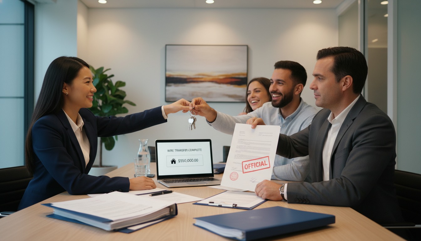 Realtor handing house keys to buyers with closing documents and wire transfer on laptop