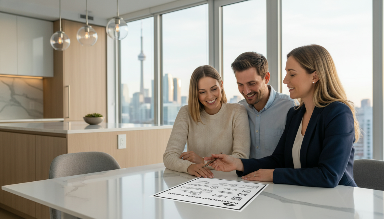 Realtor showing a house offer contract and checklist labeled financing, inspection, appraisal, closing date to a couple in a modern home with Toronto skyline through window.