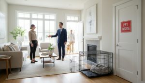 Realtor leading buyers while a neighbor walks a dog out the door; ‘PET INSIDE’ sign on closed door and crate with blanket visible