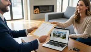Realtor handing folder of home sale documents to homeowner with checklist and keys on table