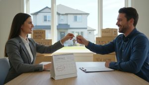 Realtor handing keys to buyer with calendar and contract visible, moving boxes in background