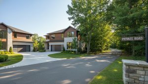 Two homes with a shared driveway and a private road sign leading to an estate