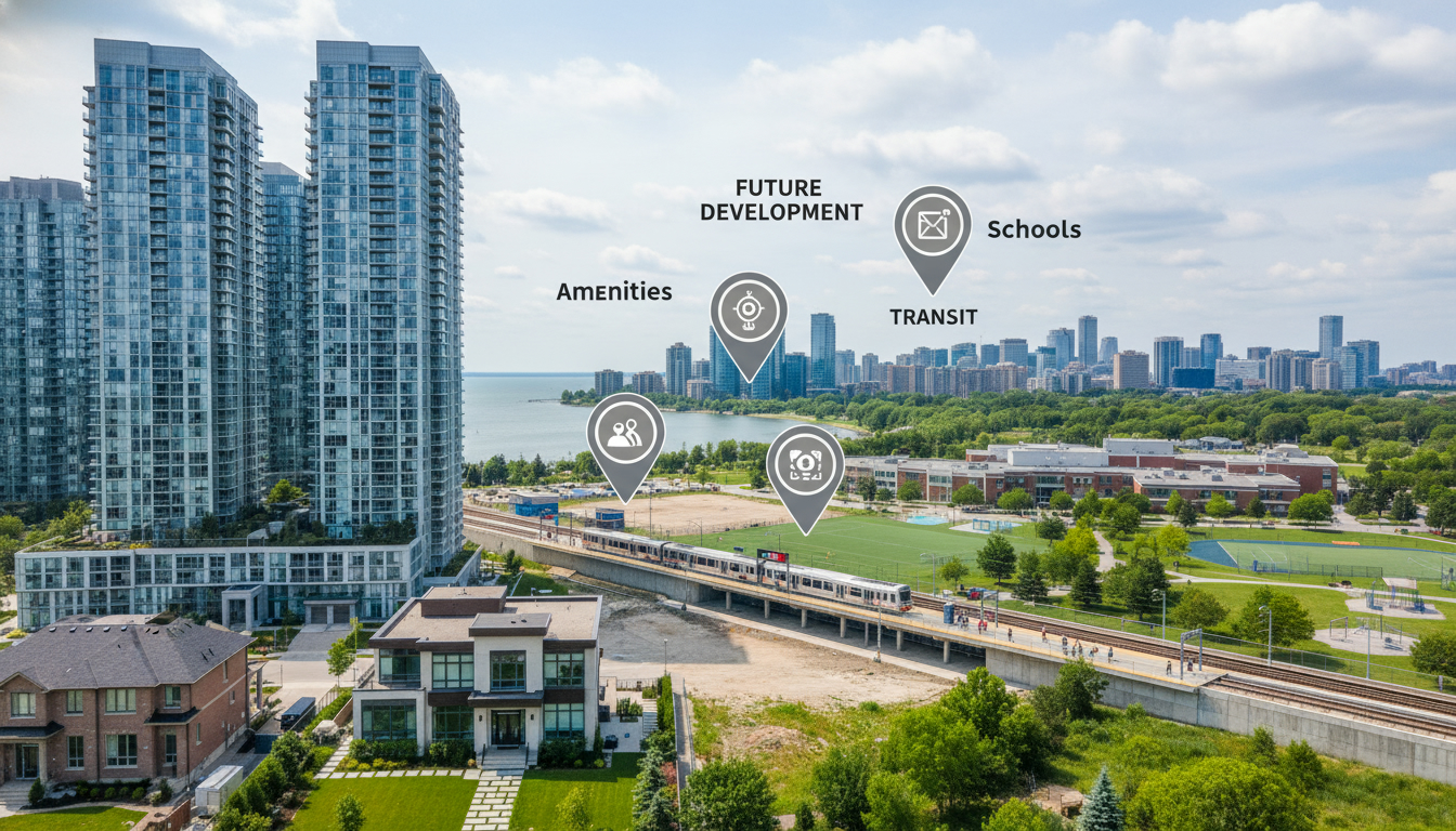 Mississauga homes near waterfront with GO train, school and park icons showing location advantages