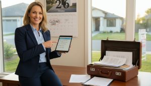 Realtor with tablet showing closing checklist beside house, contracts and calendar marking closing date