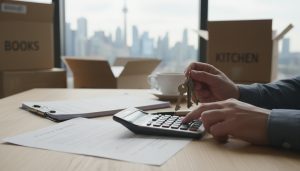 Person calculating closing costs with calculator, keys, contracts and moving boxes, Toronto skyline in background