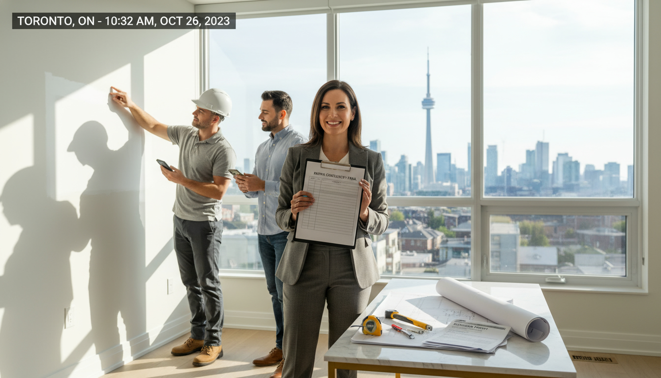 Realtor conducting final walkthrough with contractor and homeowner, clipboard repair checklist visible, timestamped photo evidence.