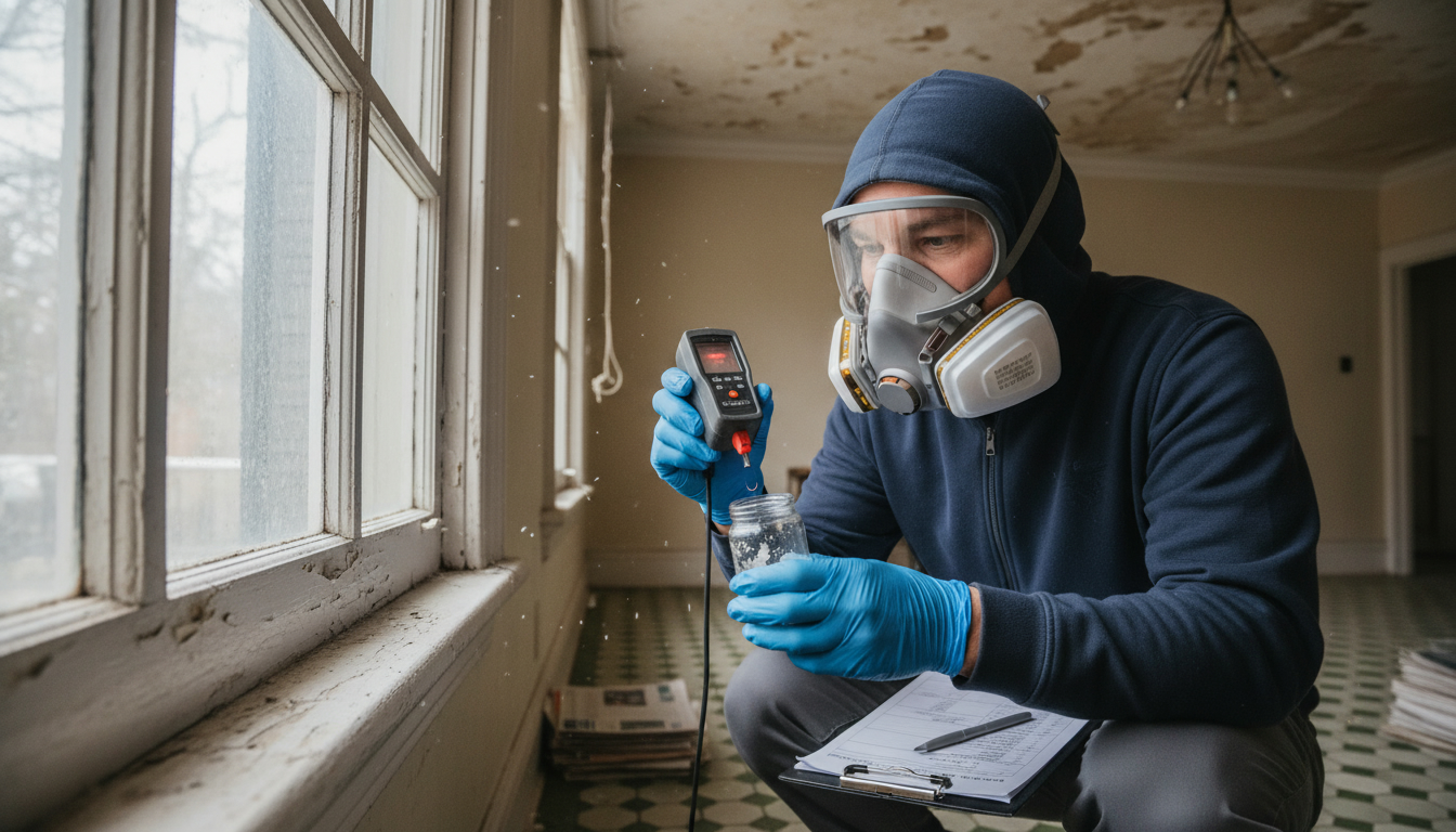 Home inspector in protective gear taking samples for asbestos and lead paint testing in an older home's interior.