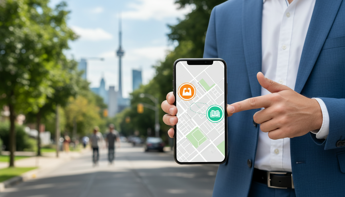 Smartphone map showing gym and library icons with realtor pointing, neighborhood street in background