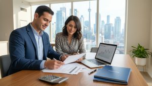 Realtor reviewing second mortgage documents with homeowner at kitchen table