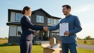 Real estate agent handing keys to buyer in front of house with moving boxes