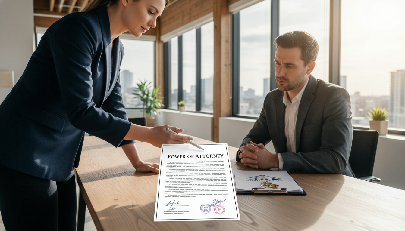 Realtor reviewing a notarized power of attorney document during a property sale