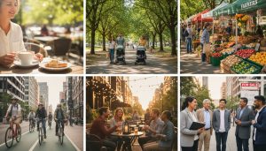 Vibrant neighbourhood montage with cafe, park, market, cyclists and local realtor