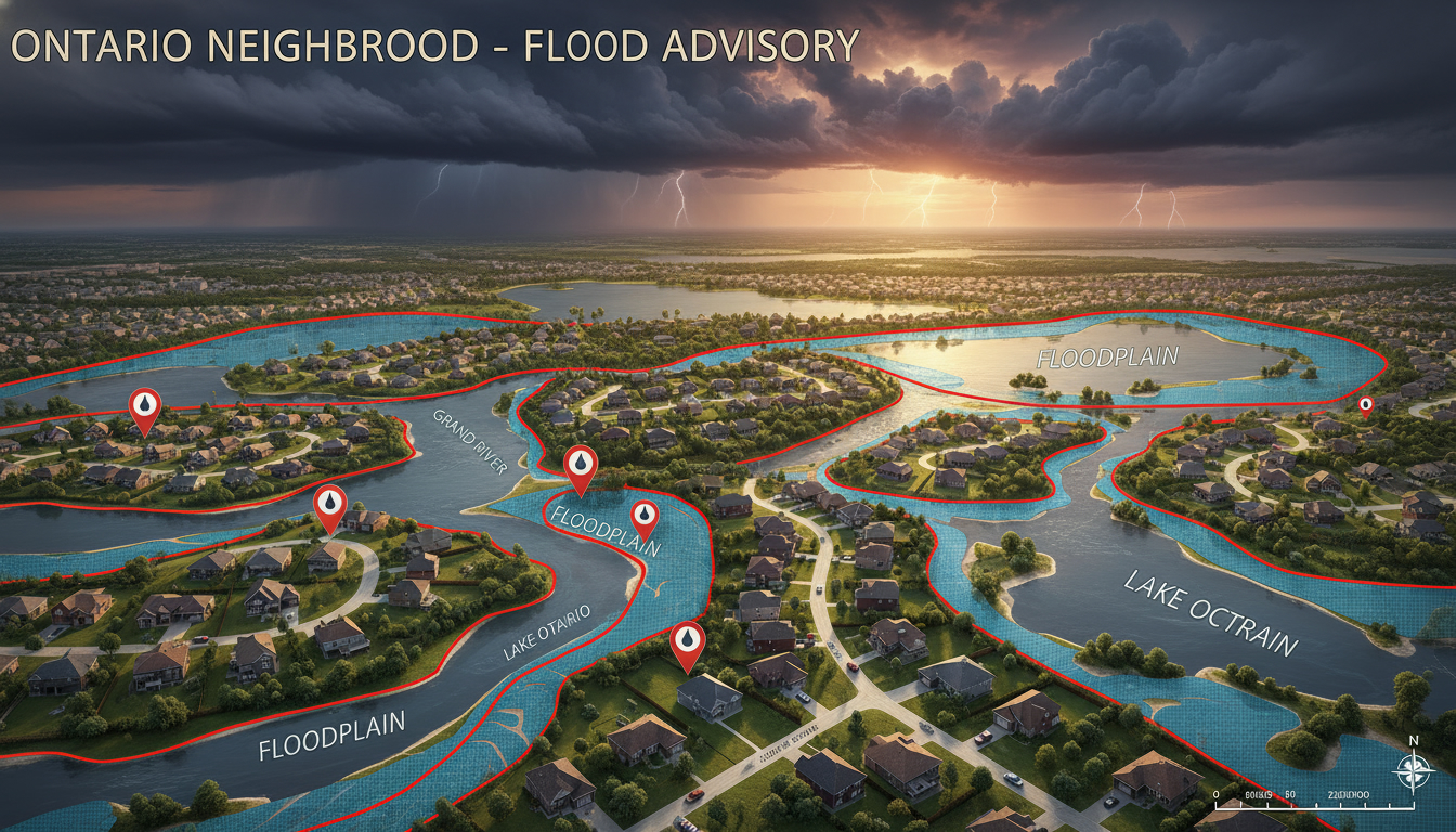 Map of Ontario neighborhood showing highlighted flood zones near rivers and lakes with suburban houses.