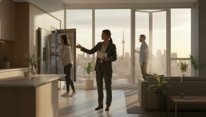 Realtor conducting a final walkthrough with buyers checking appliances and windows in a modern home.