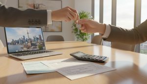 Real estate closing table with closing statement, keys, calculator and municipal tax bill - property taxes proration concept.