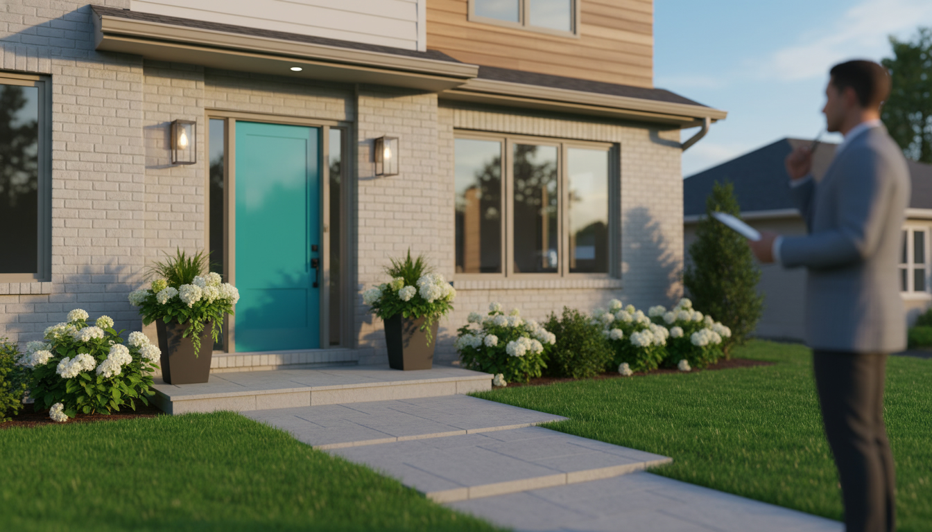 Attractive suburban home with manicured lawn, freshly painted front door, and staged entry showing strong curb appeal