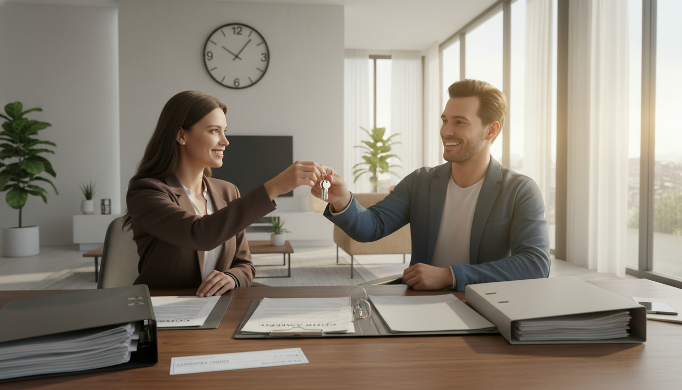 Realtor handing keys to buyer at a fast real estate closing with documents and clock visible