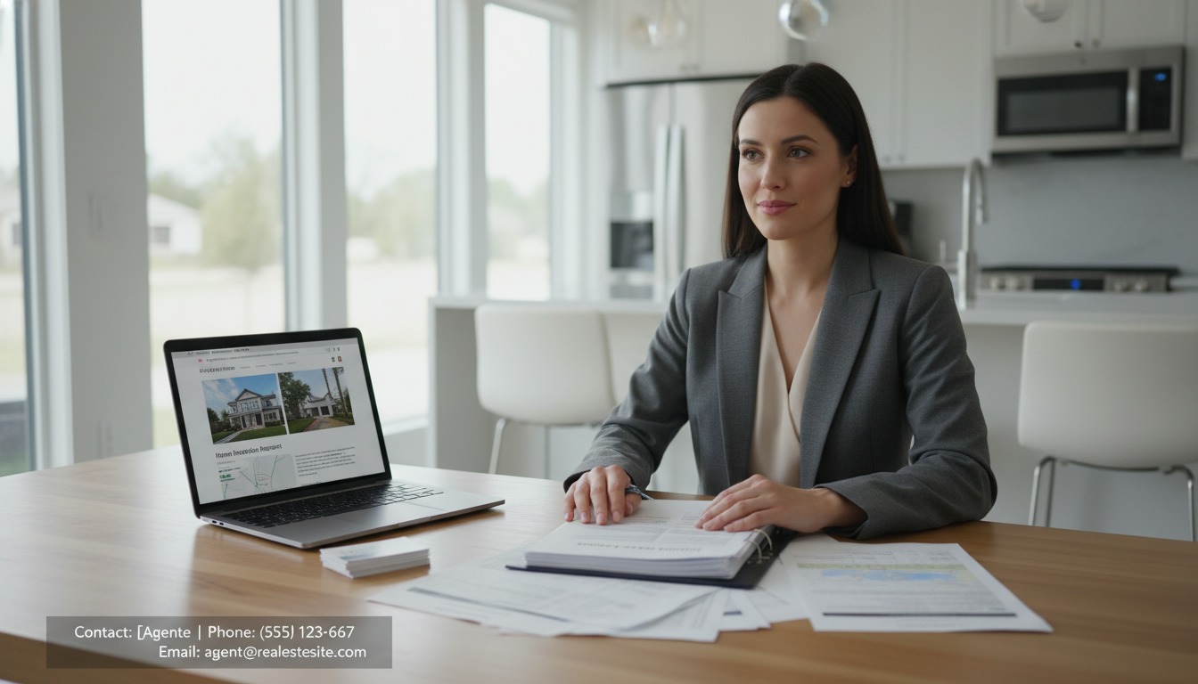 Real estate agent reviewing home inspection report and contractor estimates on a kitchen table, preparing negotiation.