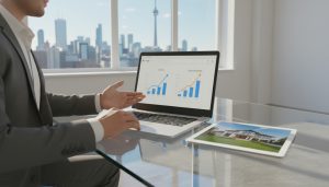 Realtor analyzing Google Ads dashboard with house listing and conversion graphs