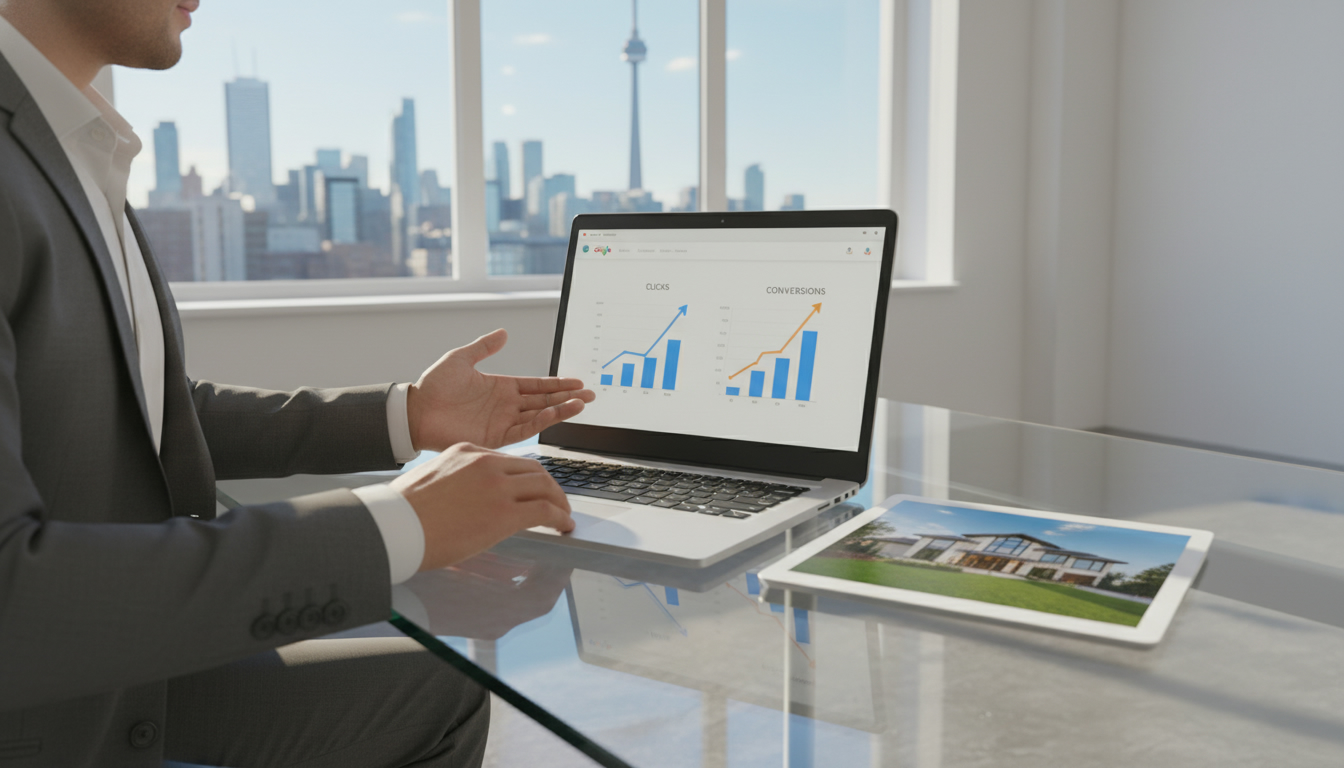 Realtor analyzing Google Ads dashboard with house listing and conversion graphs
