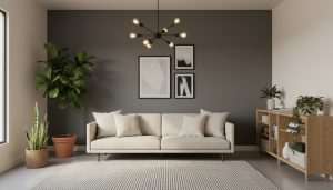 Affordable modern living room with neutral paint, matte black fixtures, simple rug, and plants