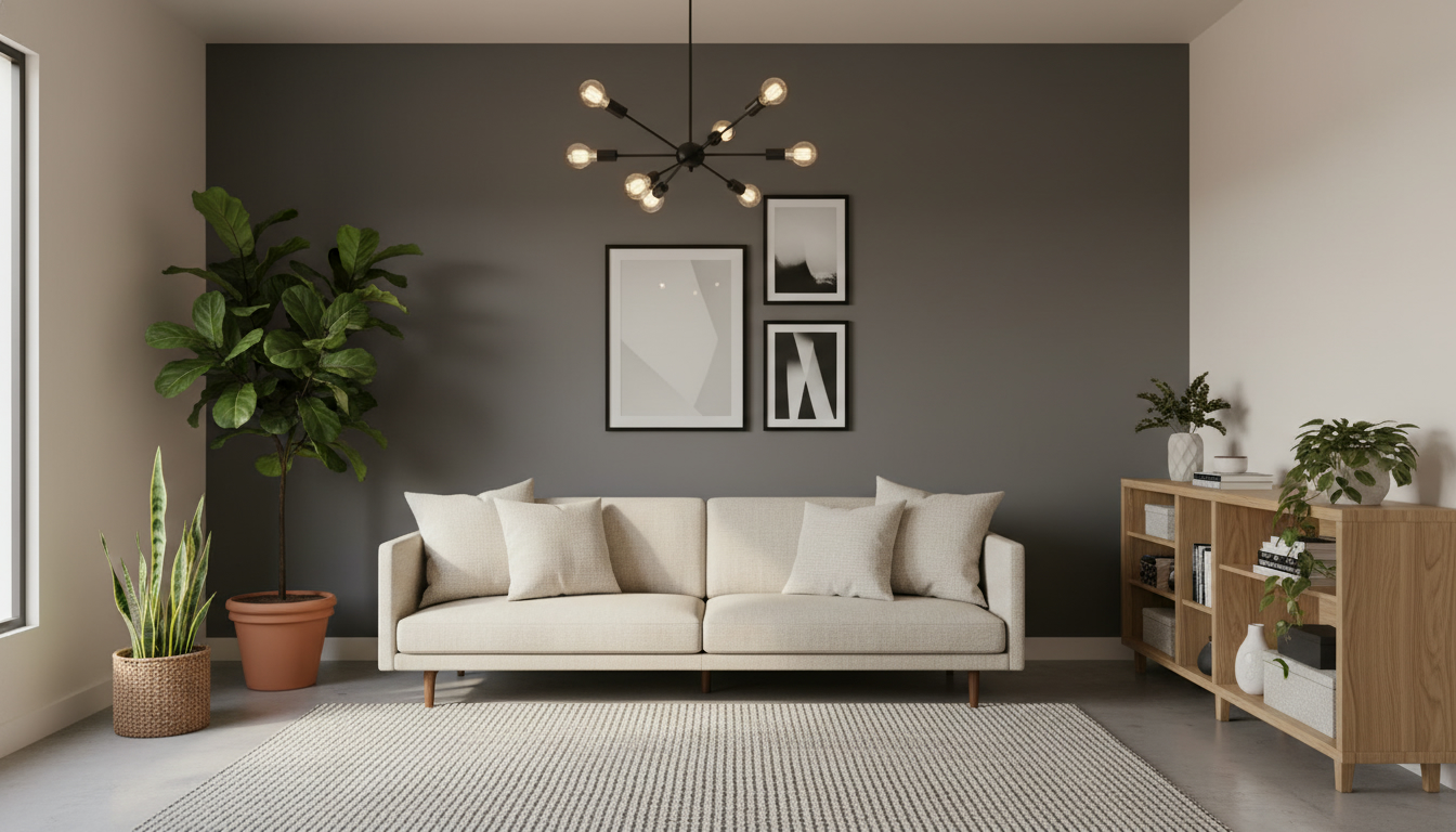Affordable modern living room with neutral paint, matte black fixtures, simple rug, and plants