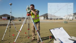 Licensed land surveyor using total station and GPS near property boundary markers with survey map overlay