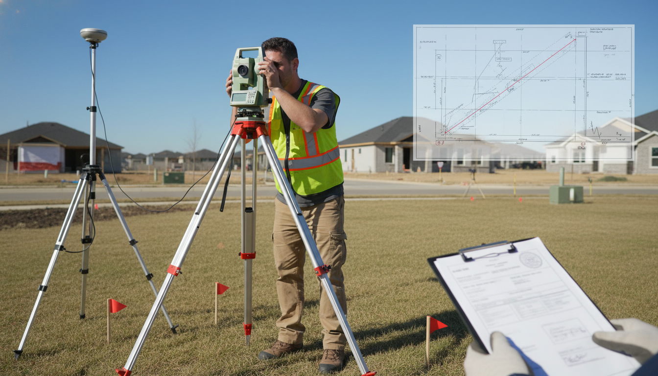 Licensed land surveyor using total station and GPS near property boundary markers with survey map overlay