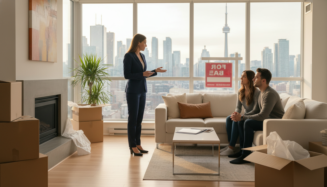 Realtor advising couple in living room with moving boxes and for sale sign, Toronto skyline visible