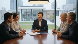 Real estate agent negotiating a counter-offer over a contract with buyers and sellers