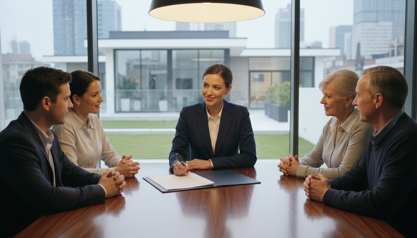 Real estate agent negotiating a counter-offer over a contract with buyers and sellers