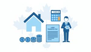 Infographic showing a house, coins, document labeled 'Land Transfer Tax', and a calculator representing land transfer tax concept.