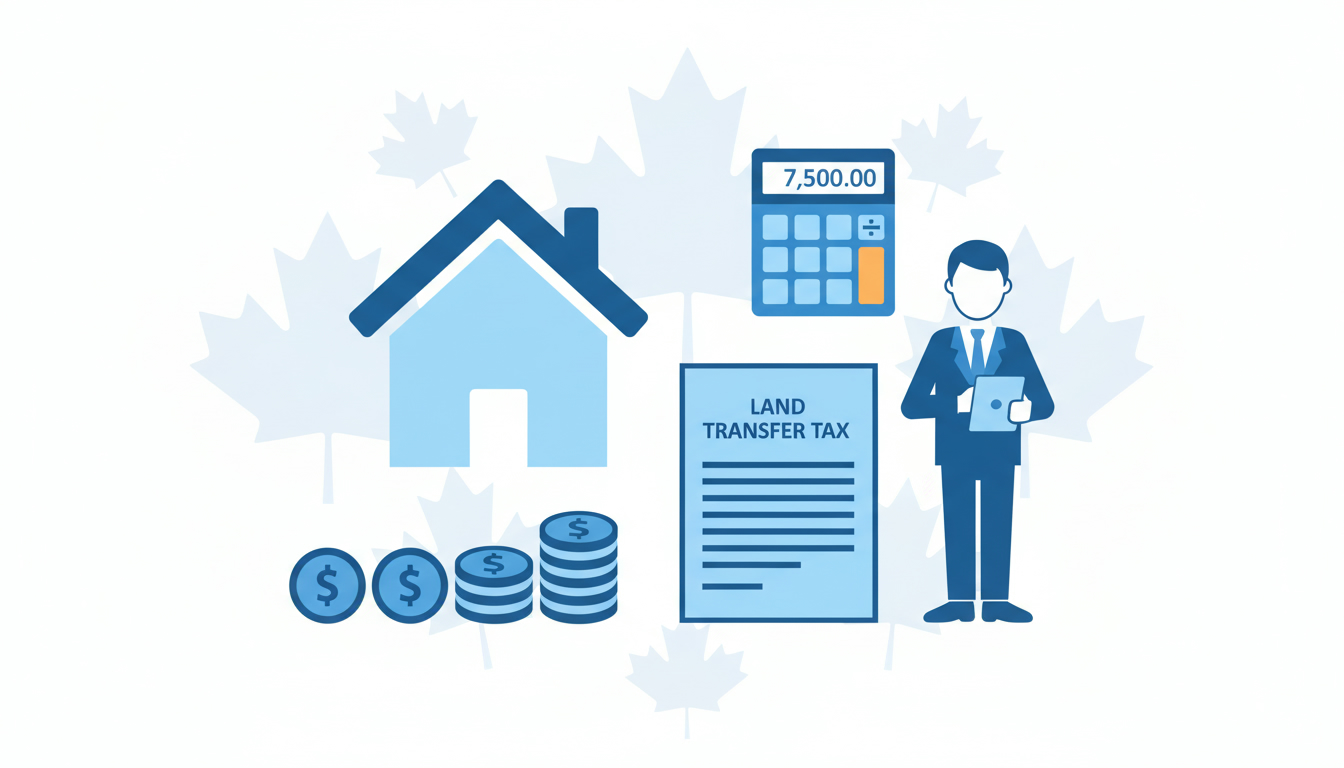 Infographic showing a house, coins, document labeled 'Land Transfer Tax', and a calculator representing land transfer tax concept.