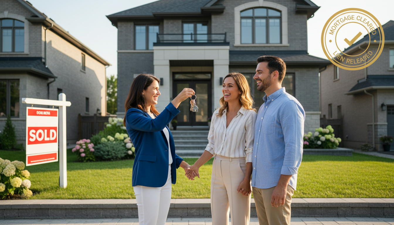 Realtor handing keys to happy homeowners in front of house with sold sign and cleared mortgage icon