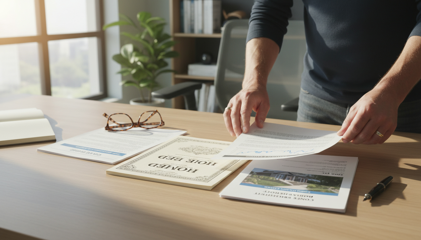 Homeowner organizing deed, mortgage statement, tax bill, inspection report and condo documents on a table