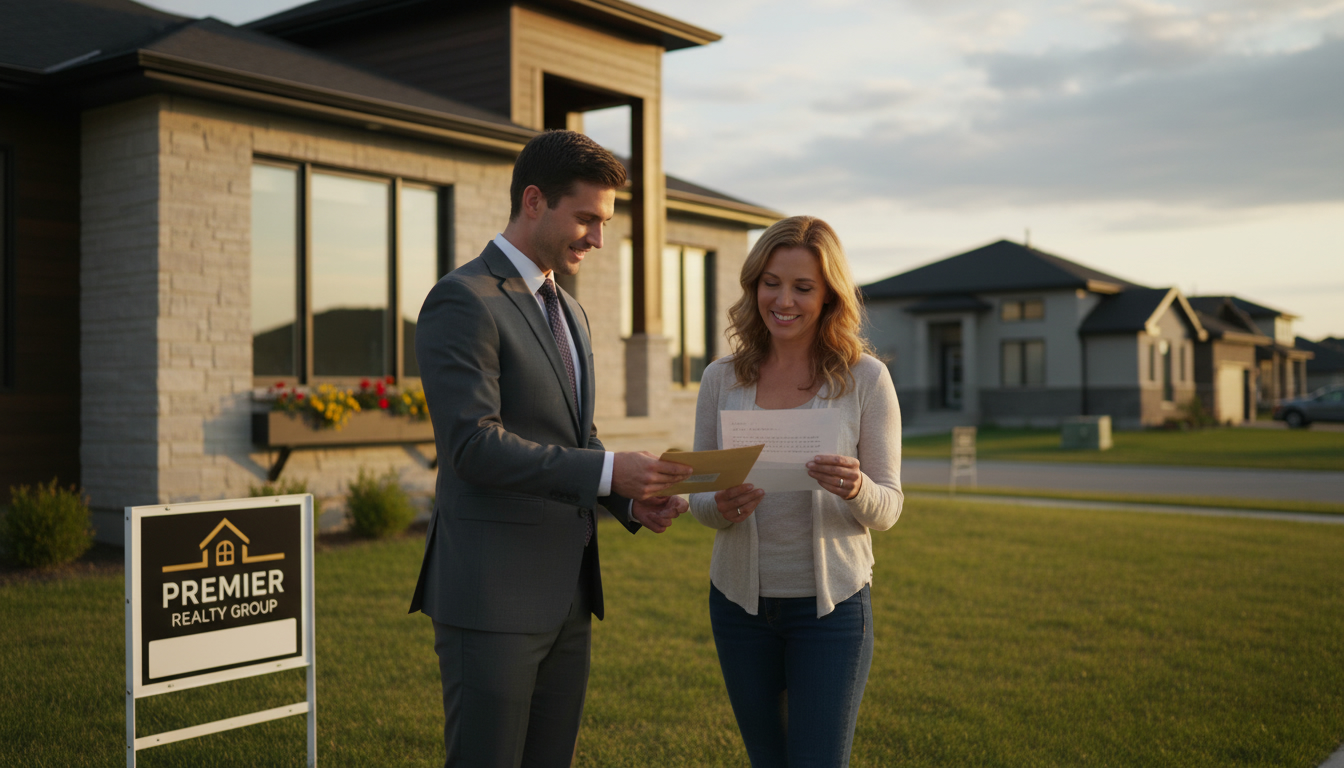 Real estate agent handing a personal offer letter to homeowner outside a house