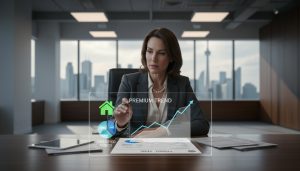 Advisor reviewing insurance documents with charts showing premium increases, house and car icons, Toronto skyline in background
