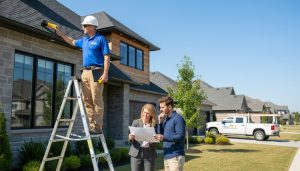 Home inspector with clipboard examining house roof while realtor and client review the inspection report