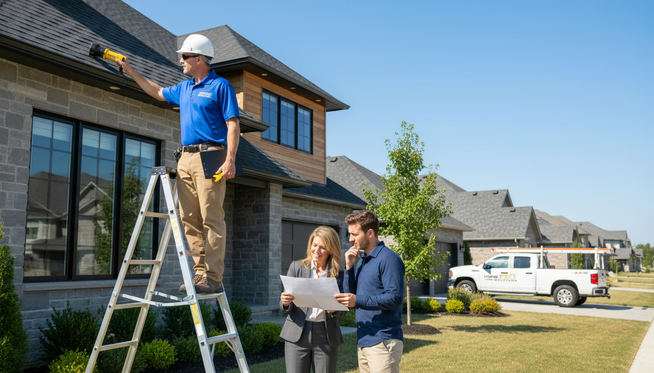 Home inspector with clipboard examining house roof while realtor and client review the inspection report