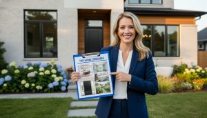 Realtor with checklist showing top home upgrades: kitchen refresh, bathroom update, curb appeal, energy-efficient windows.