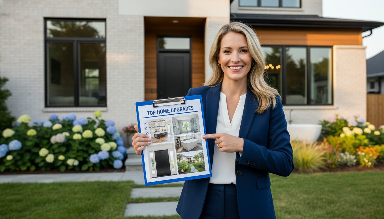 Realtor with checklist showing top home upgrades: kitchen refresh, bathroom update, curb appeal, energy-efficient windows.