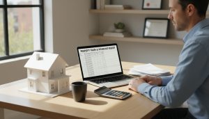 Homeowner calculating property taxes and insurance on a laptop with a calculator and house model