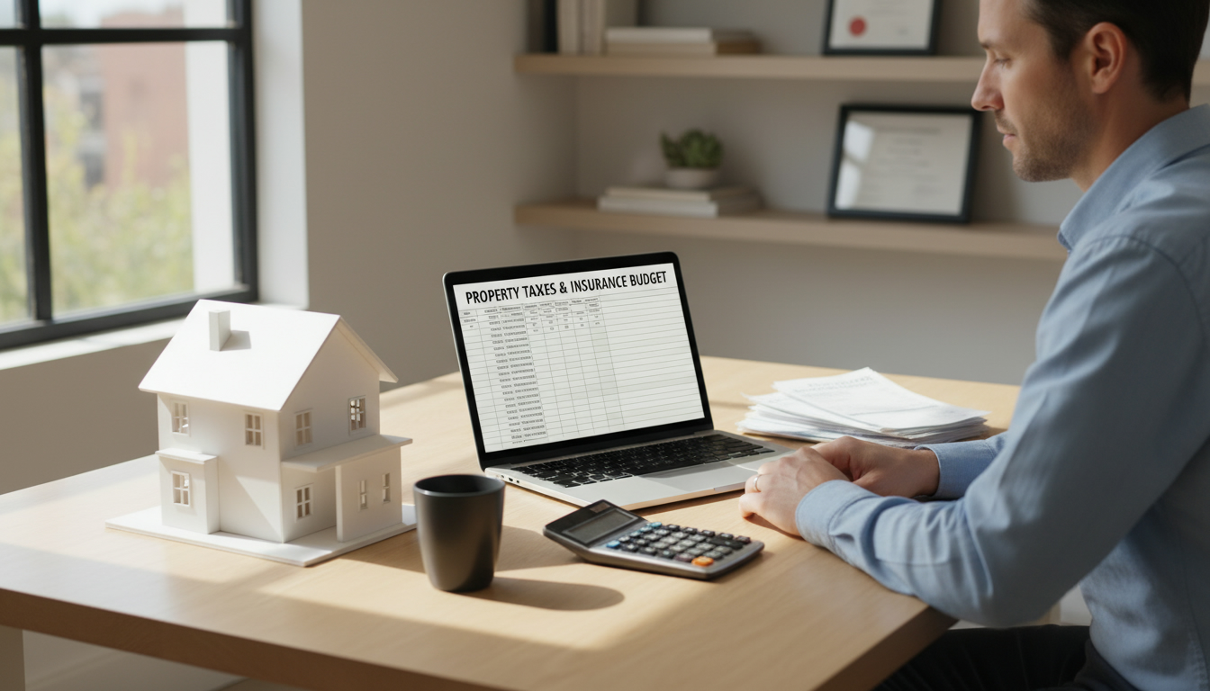 Homeowner calculating property taxes and insurance on a laptop with a calculator and house model